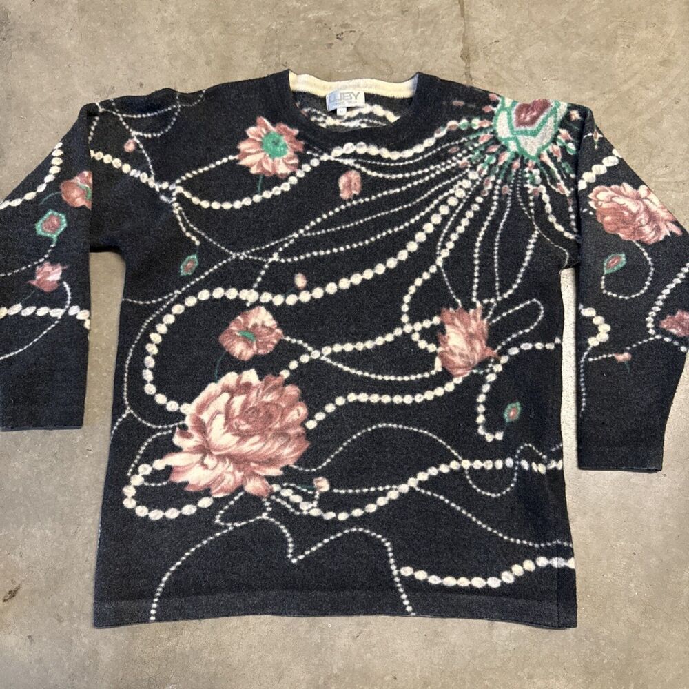 Vintage Womens Luby Firenze Italy Wool M Sweater Coquette Pearl‎ Floral Grandma